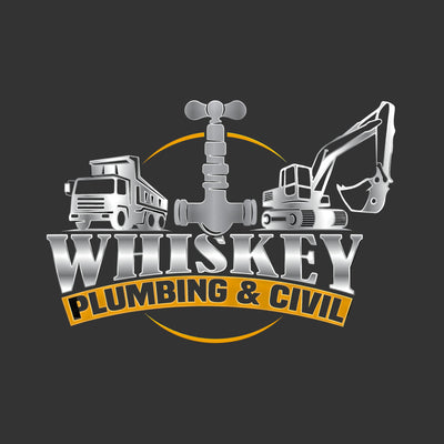 Logo for Whiskey Plumbing & Civil featuring construction vehicles and tools on a dark background.